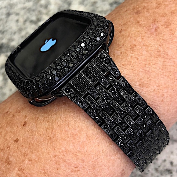 New pave Black/Black Apple Watch crystal Band and Lab Diamond Bezel 2 pc set - Picture 3 of 9